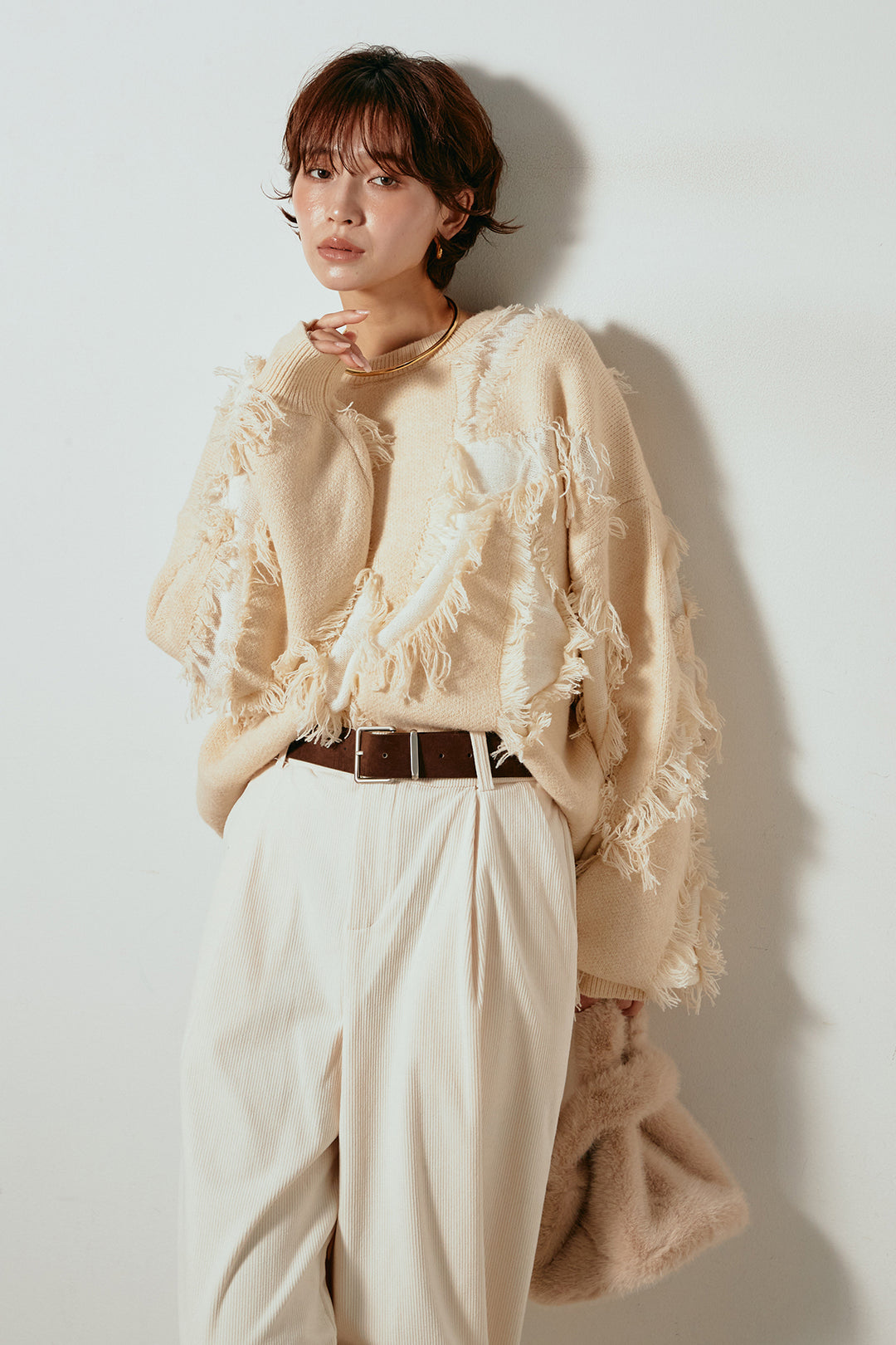 [SET]シャギージャガードニットトップス+太ベルト付きコーデュロイタックパンツ(2set)