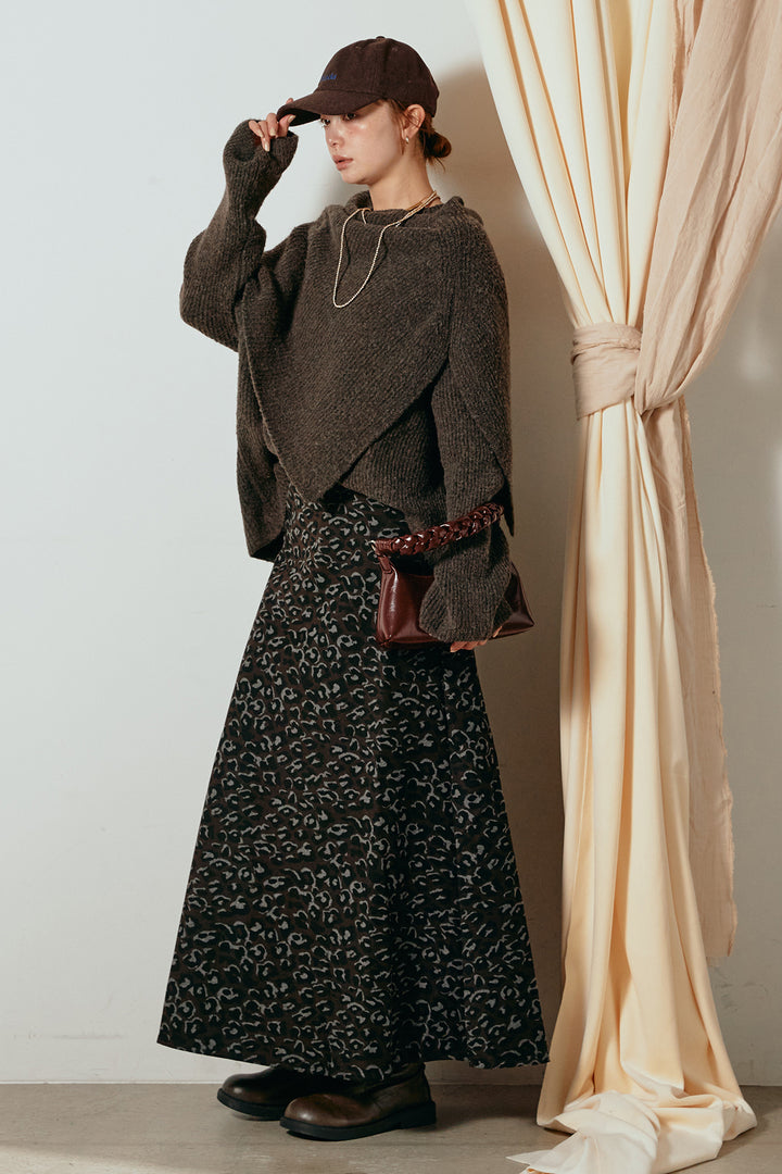 [SET]ケープデザインリブニットトップス+レオパードロングスカート(2set)