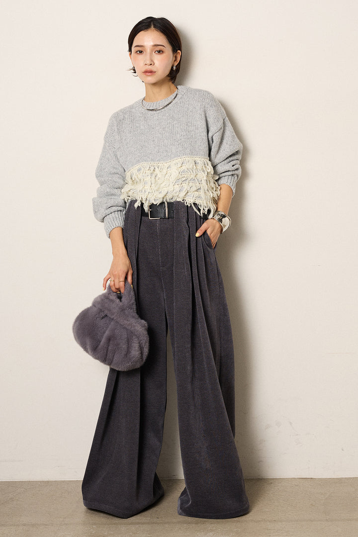 [SET]ループ編み切り替えニットプルオーバー+ベルトループコーデュロイワイドパンツ(2set)