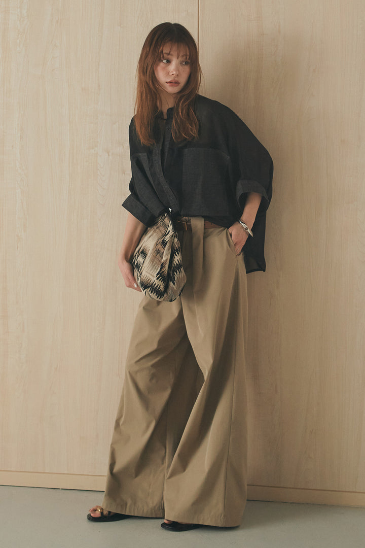 [SET]デニムライクビッグツーポケシアーシャツ+ベルトループデザインハイウエストタックパンツ(2set)