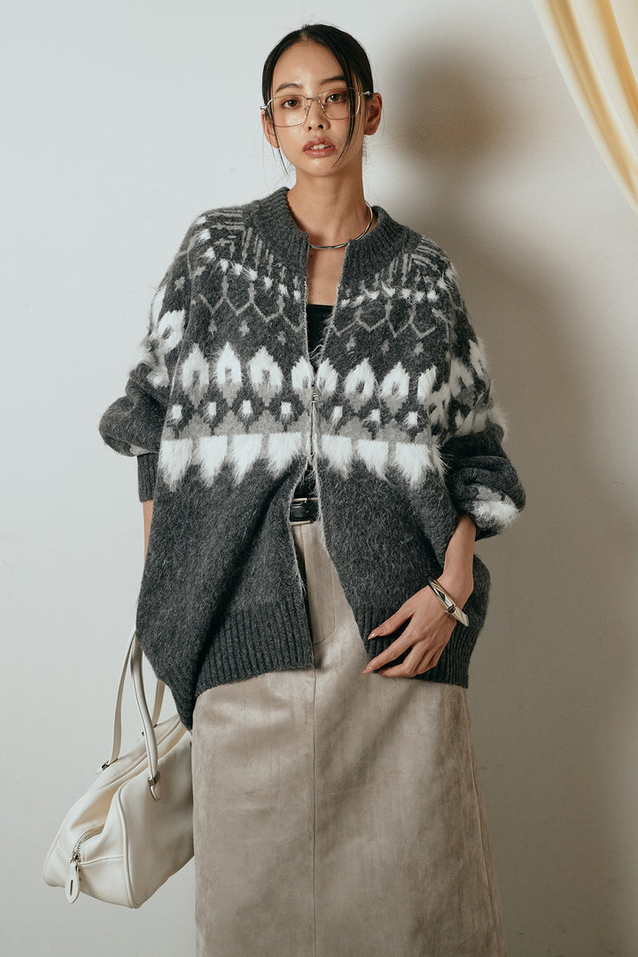 [SET]起毛ダブルジップパターンニットカーディガン+エコスウェードワイドスカート(2set)