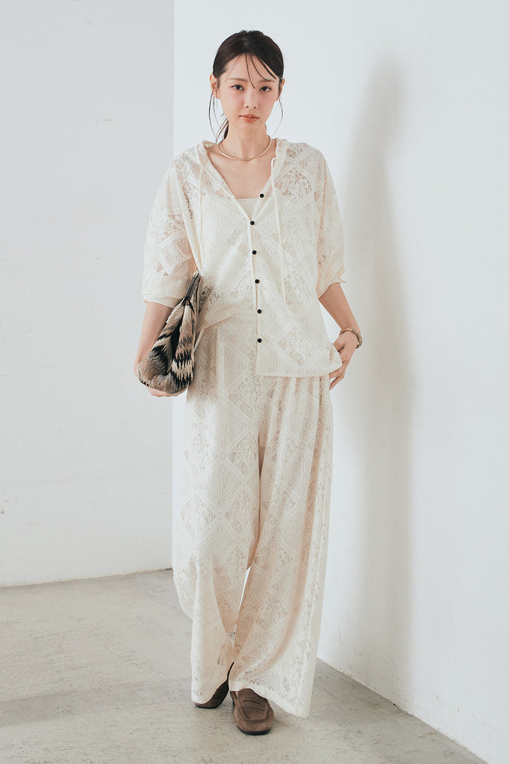 [SET]ブロックレースフード付きブラウス+リラックスブロックレースワイドパンツ(2set)