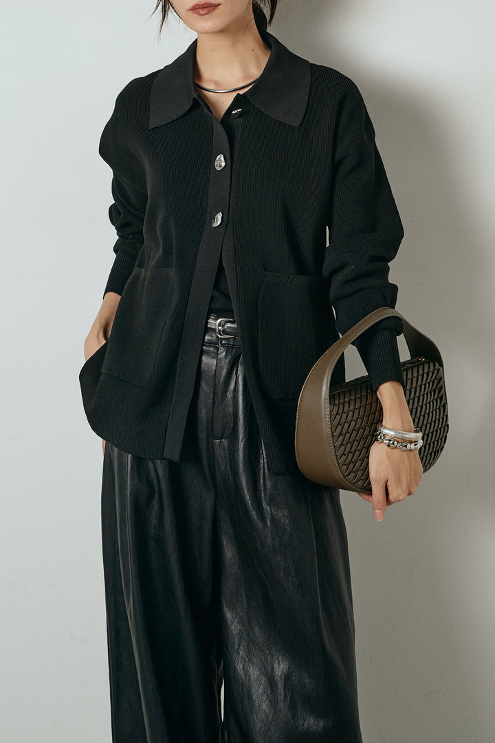 [SET]メタル釦衿付きニットカーディガン+ベルト付きレザーライクタックパンツ(2set)