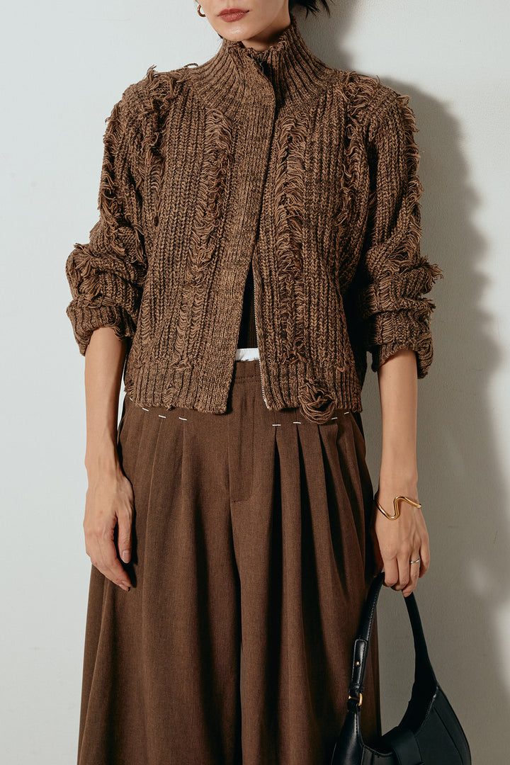 [SET]ハイネックフリンジジップニットトップス+ウエストステッチデザインワイドスラックス(2set)