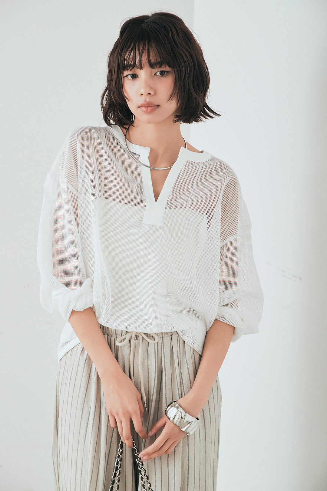 [SET]メッシュカットソースキッパープルオーバー+リネンライクストライプタックイージーパンツ(2set)