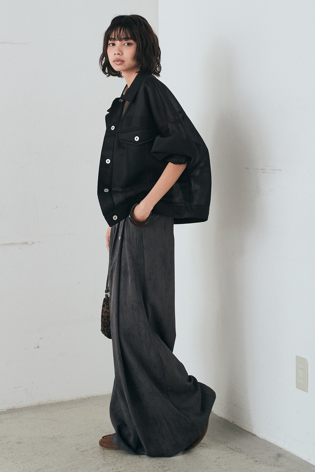 [SET]シアーダンボールサイドドロストジャケット+紐ベルト付きかすれ柄ワイドスラックス(2set)