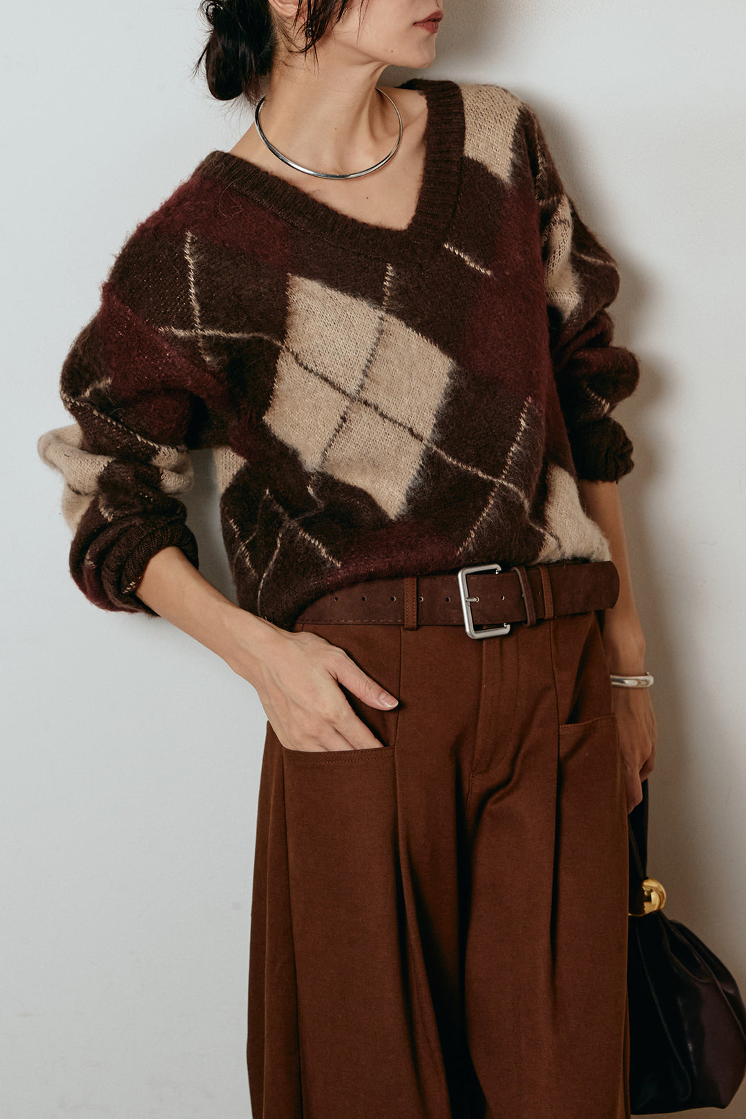 [SET]アクリルモヘアアーガイルVネックプルオーバー+太ベルト付きタックデザインワイドパンツ(2set)