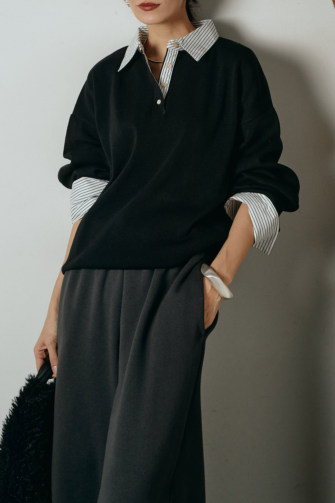 [SET]ストライプシャツドッキングポロトップス+裏起毛スウェットワイドパンツ(2set)