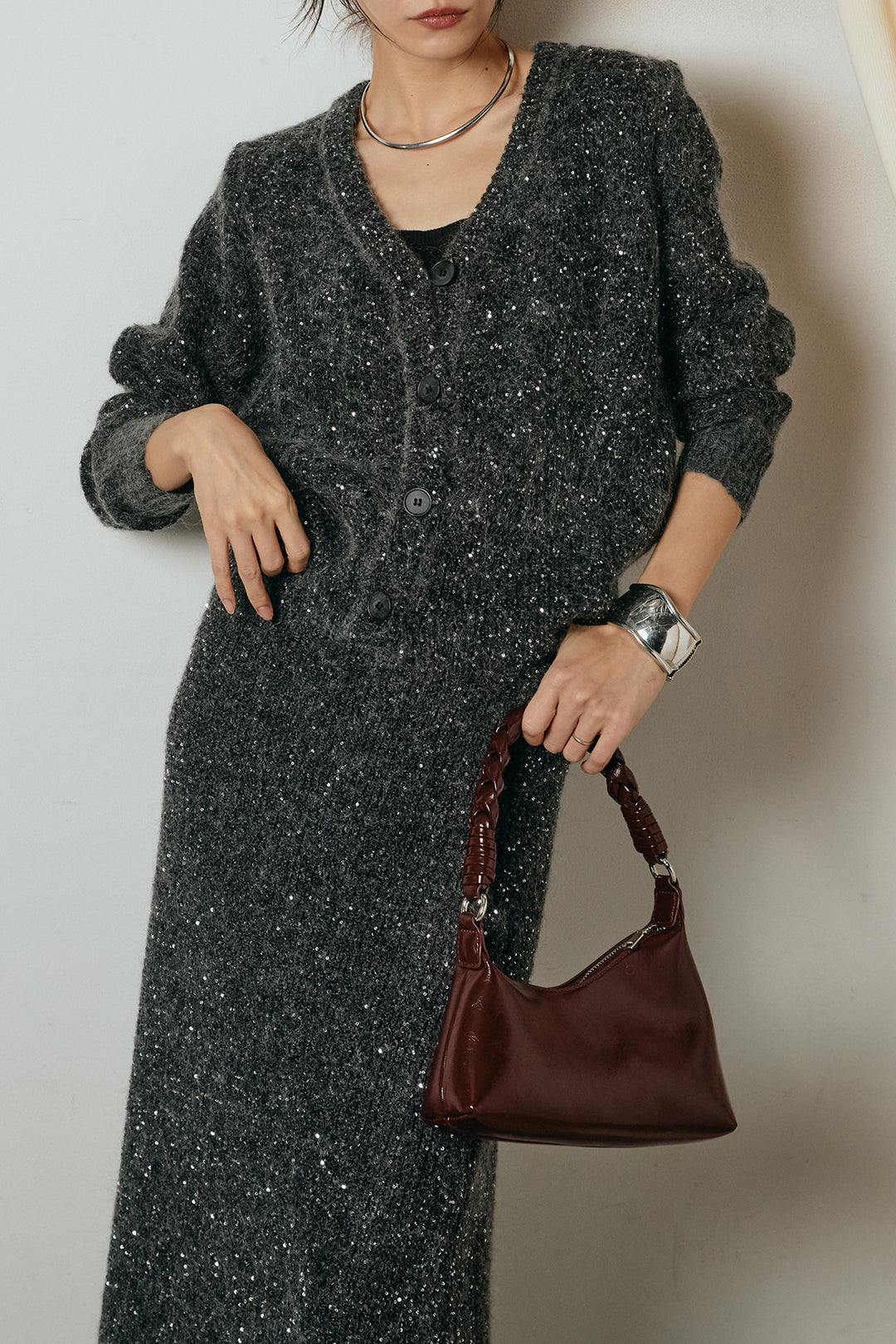 [SET]ミニラメニットカーディガン+ミニラメニットスカート(2set)