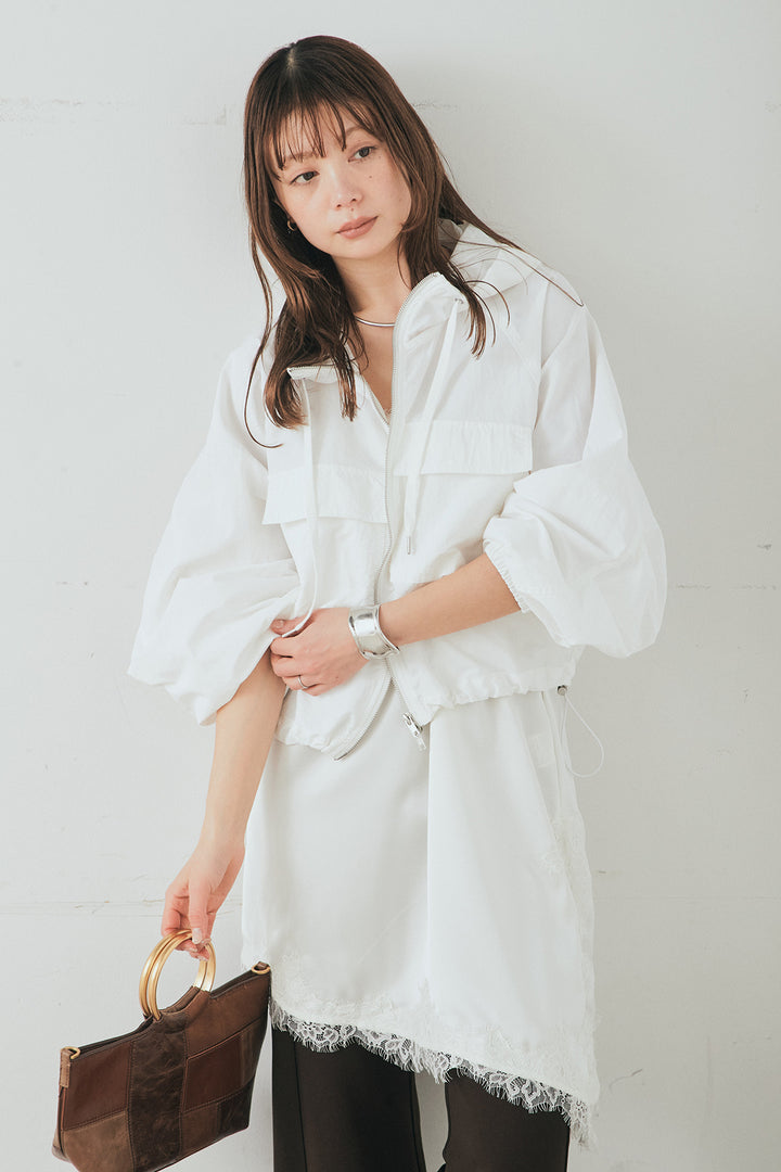 [SET]ナイロンボリュームWジップパーカーブルゾン+サテンレースアシメキャミ+細編みベルト付きパンツ+サテンレースアシメキャミ(3set)