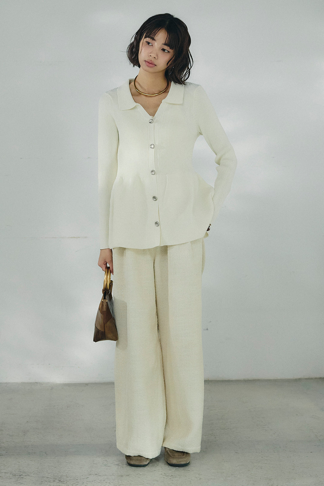 [SET]スキッパーペプラムニット+デニムライクヘリンボーンタックパンツ(2set)