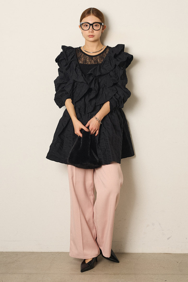 [SET]Vネックフリルカラーブラウス+ツイルスプリングカラータックパンツ+ストレッチレースクルーネックインナー(3set)