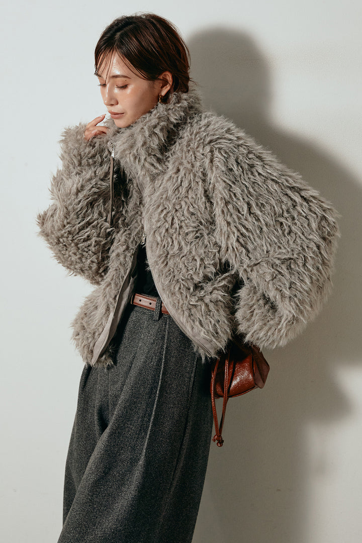 [SET]ミックスシープファースタンドブルゾン+フェイクウールタックトラウザーズパンツ(2set)