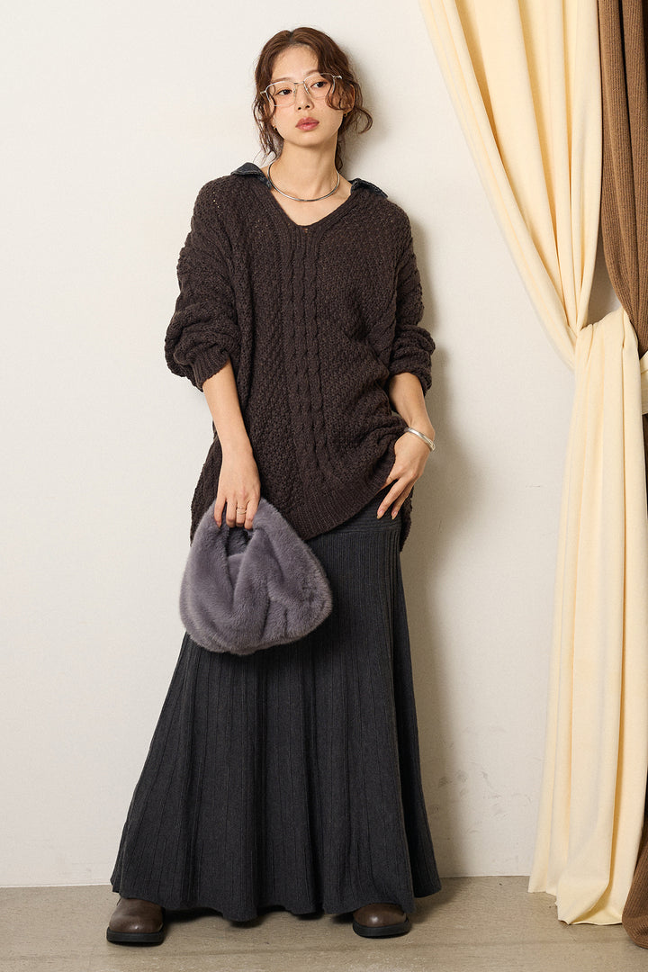 [SET]デニムカラーケーブルオーバーニット+編み地切り替えフレアニットスカート(2set)