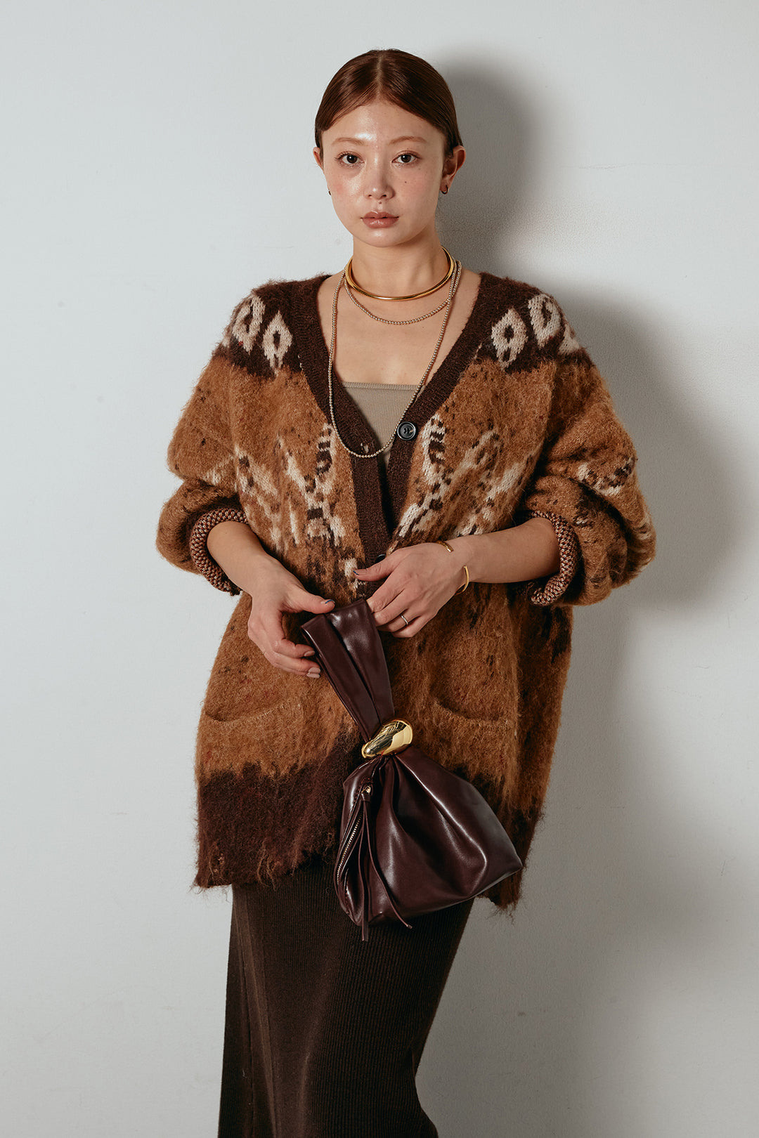 [SET]シャギーニュアンス柄ニットカーディガン+リブナローニットスカート(2set)