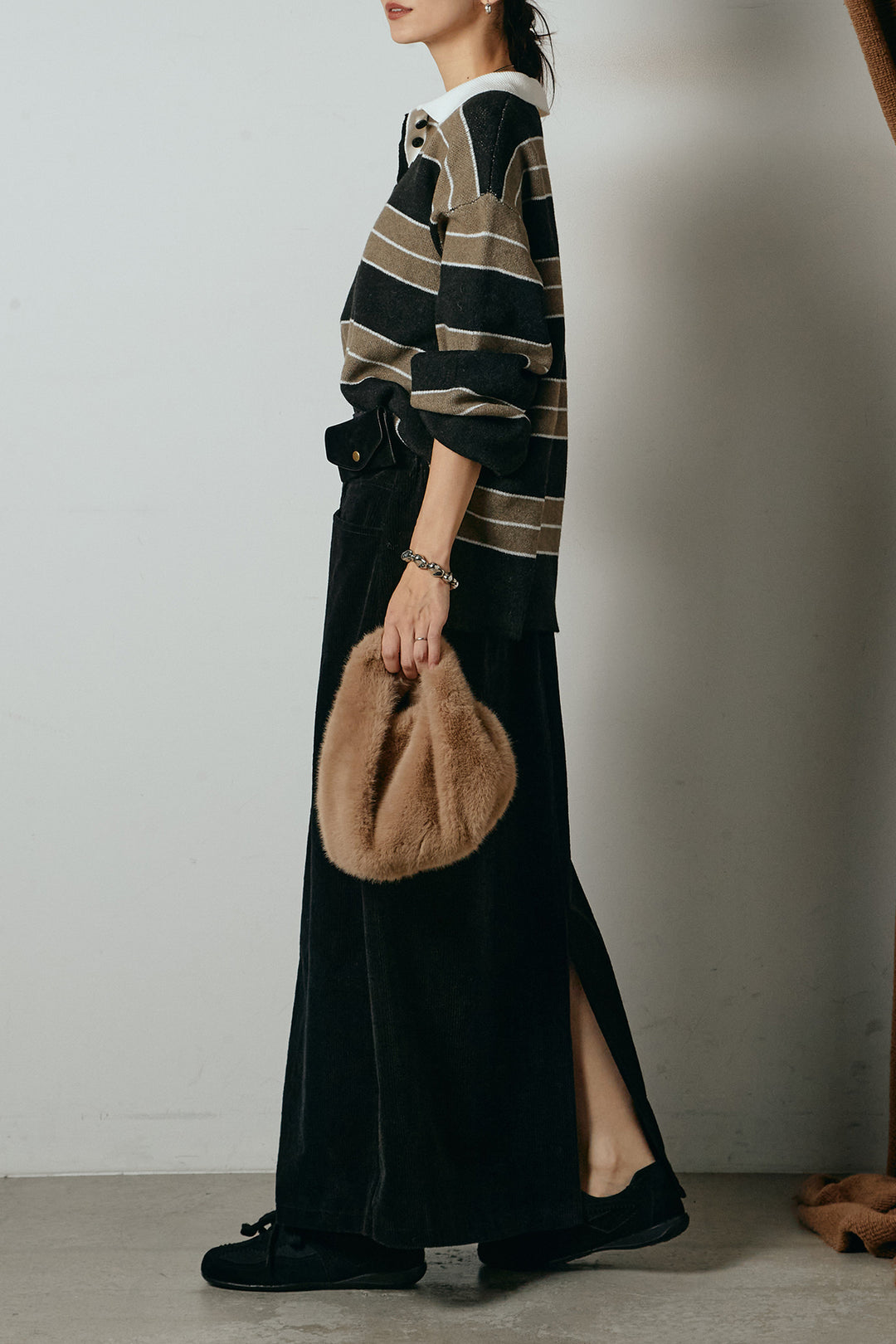 [SET]ラガーニットボーダーポロプルオーバー+ポーチベルト付きコーデュロイワイドスカート(2set)