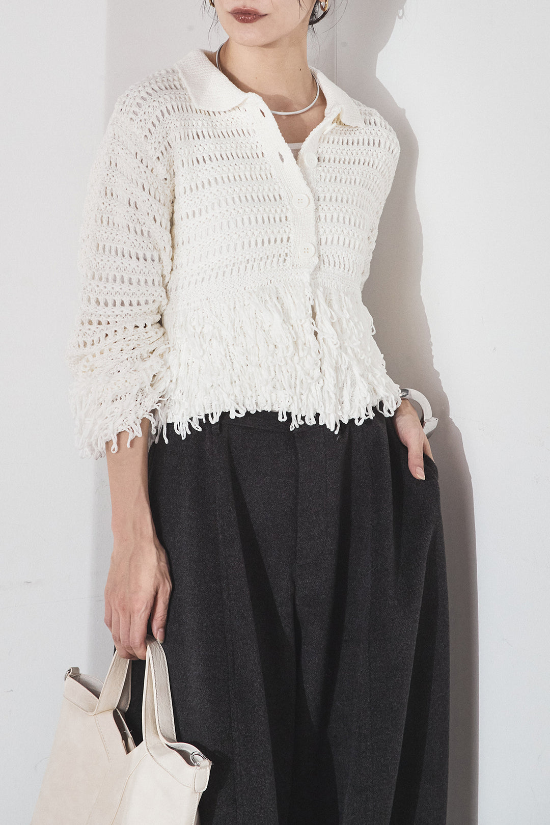 [SET]メッシュフリンジカーディガン+ウールタッチカーブワイドパンツ(2set)