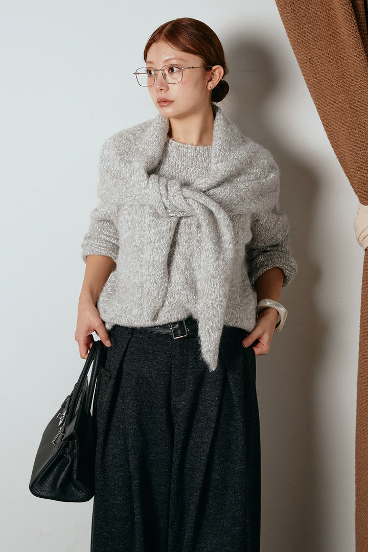 [SET]スカーフ付きミックスニットトップス+細ベルト付き起毛タックワイドパンツ(2set)