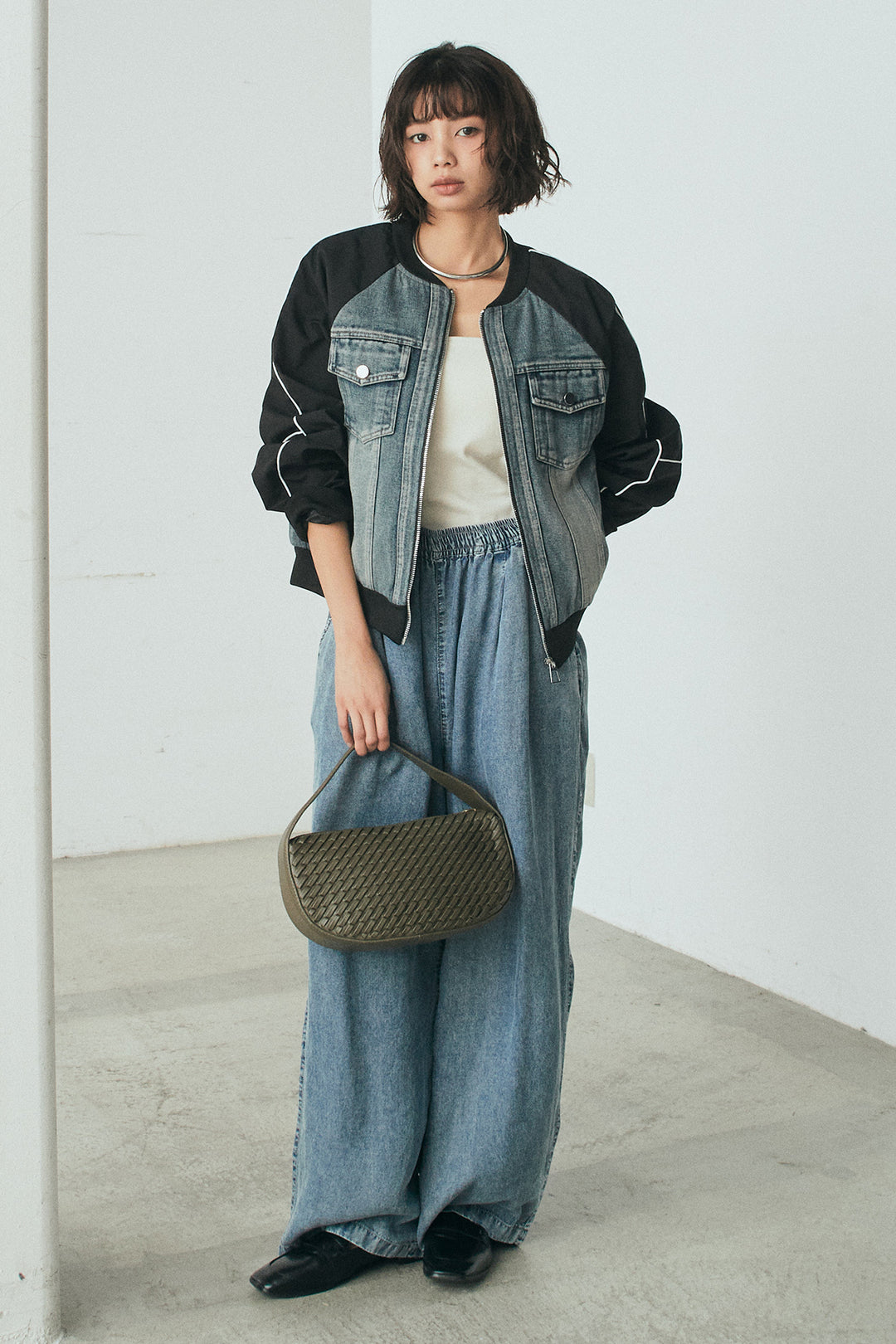 [SET]ナイロンデニムドッキングブルゾン+テンセルデニムイージーワイドパンツ(2set)