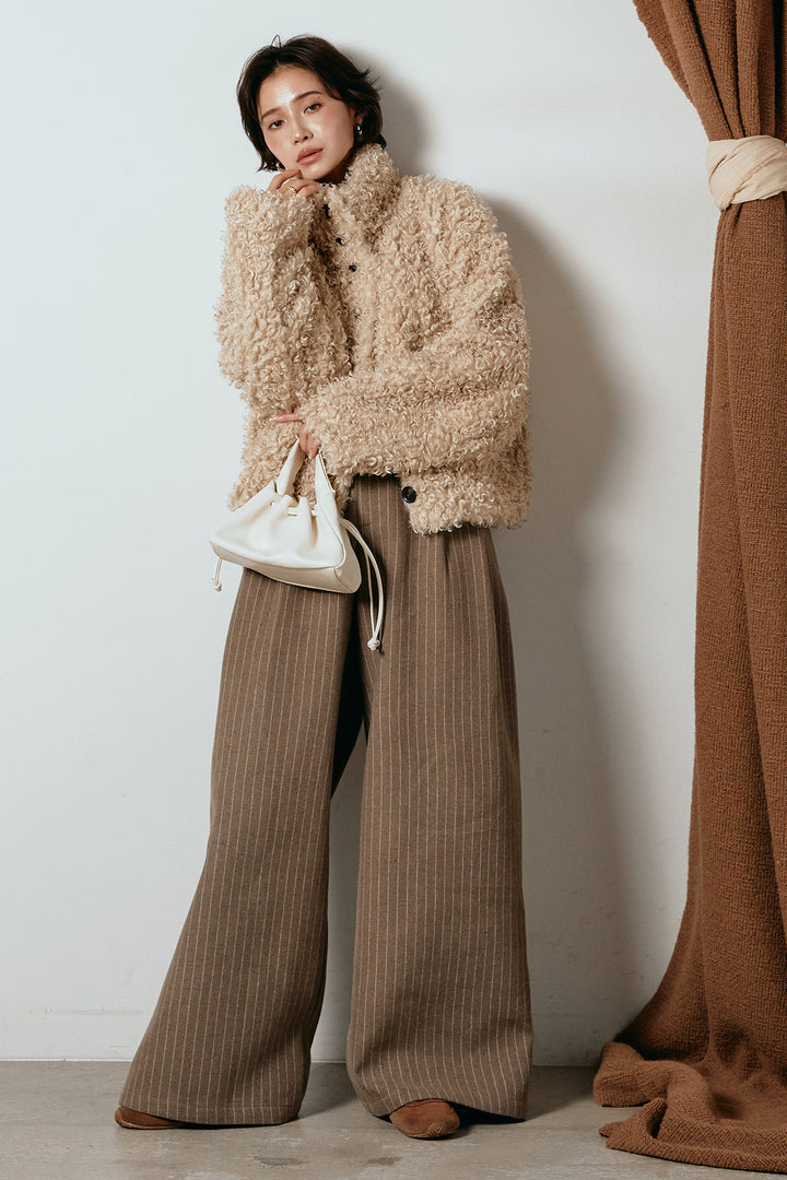 [SET]プードルファーミドルジャケット+ウールライクストライプパンツ(2set)