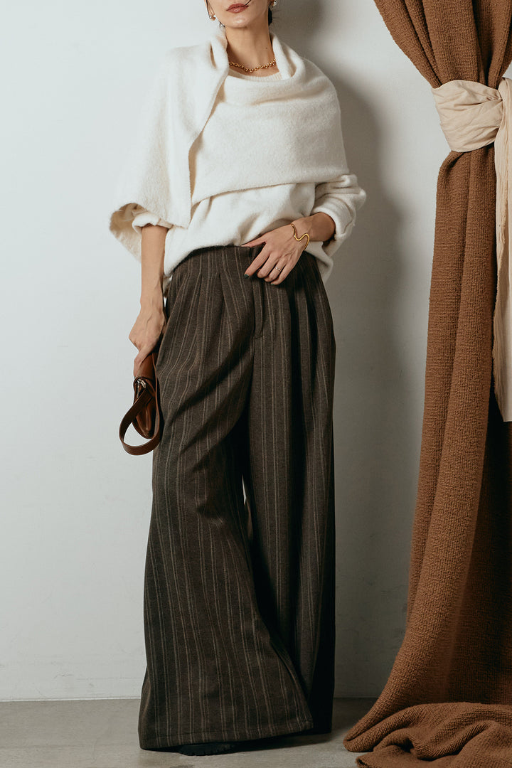[SET]ネック巻きデザインニットトップス+タック入りマルチストライプ柄ワイドパンツ(2set)