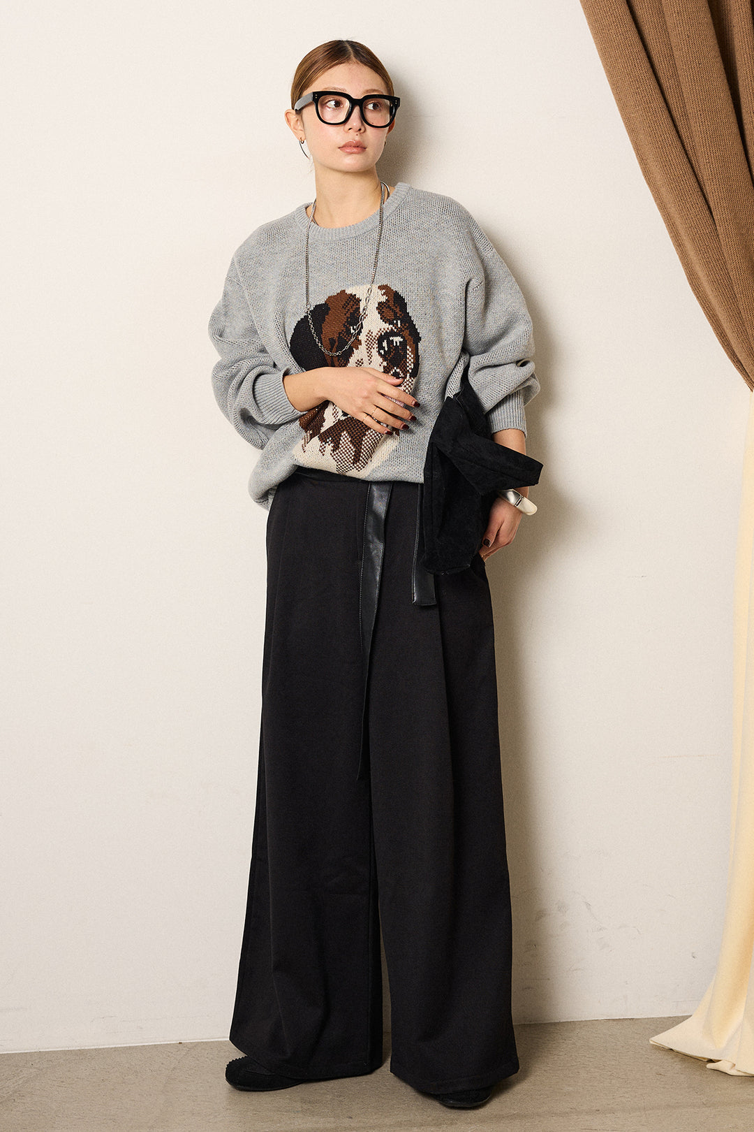 [SET]アニマルジャガード柄ニットトップス+巻ベルトウエストレザーライクワイドパンツ(2set)