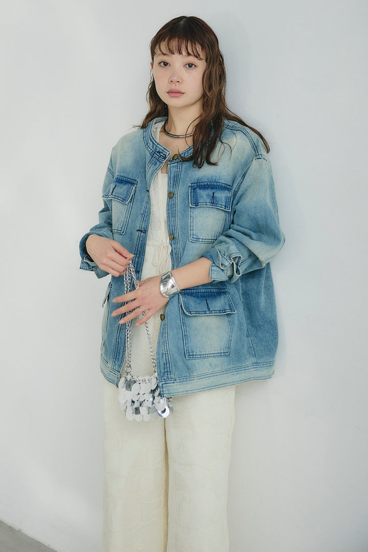 [SET]ノーカラーデニムポケットジャケット+レースサロペット(2set)