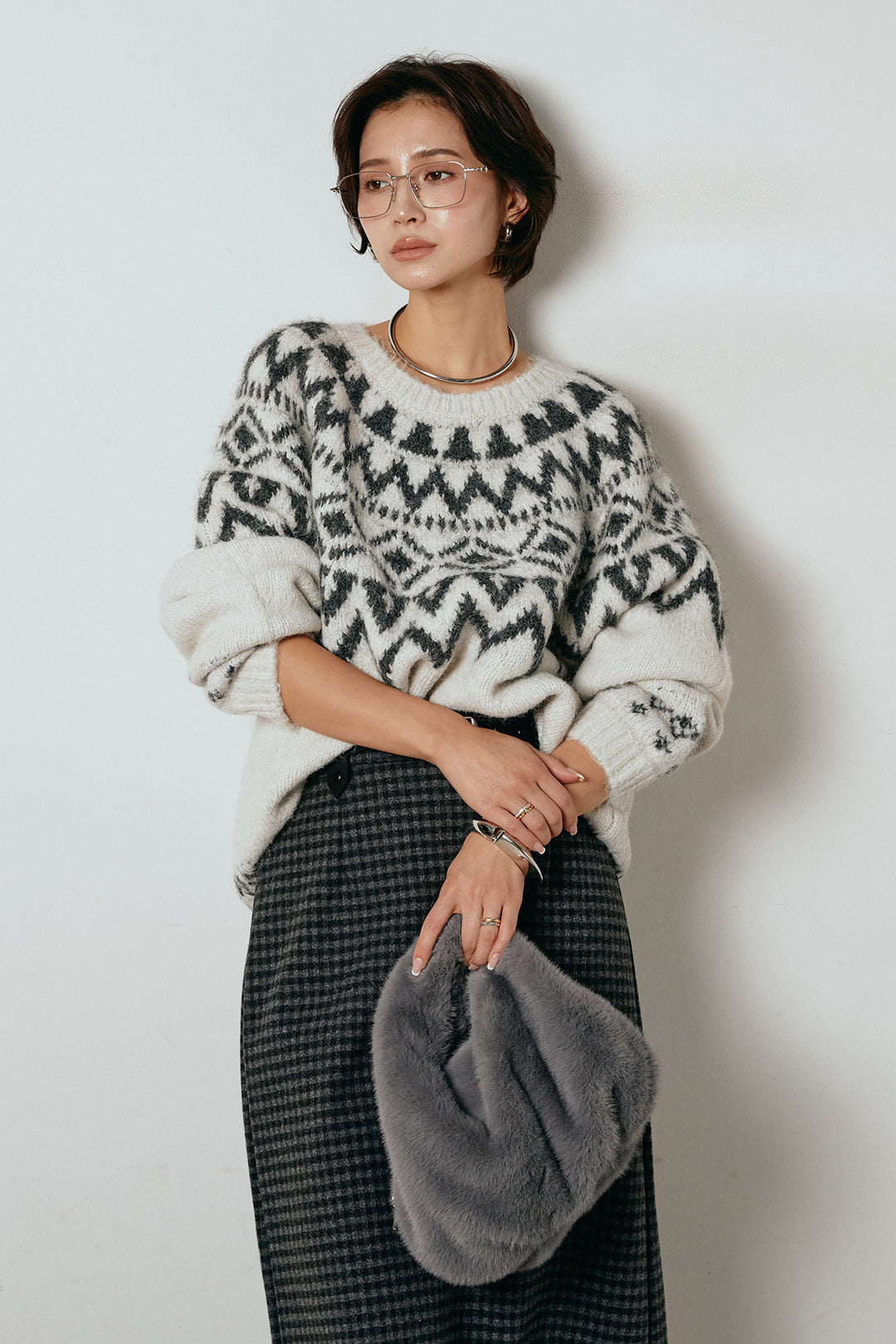 [SET]ノルディック柄Uネックプルオーバー+スエード調ベルト付きチェックナロースカート(2set)