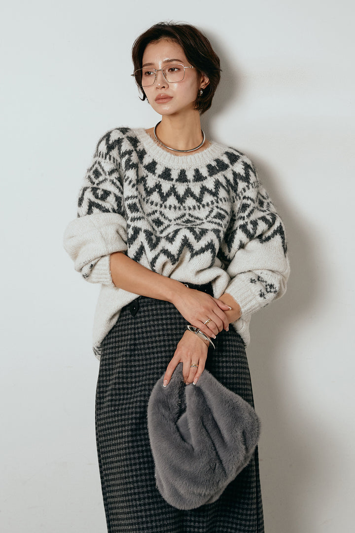 [SET]ノルディック柄Uネックプルオーバー+スエード調ベルト付きチェックナロースカート(2set)