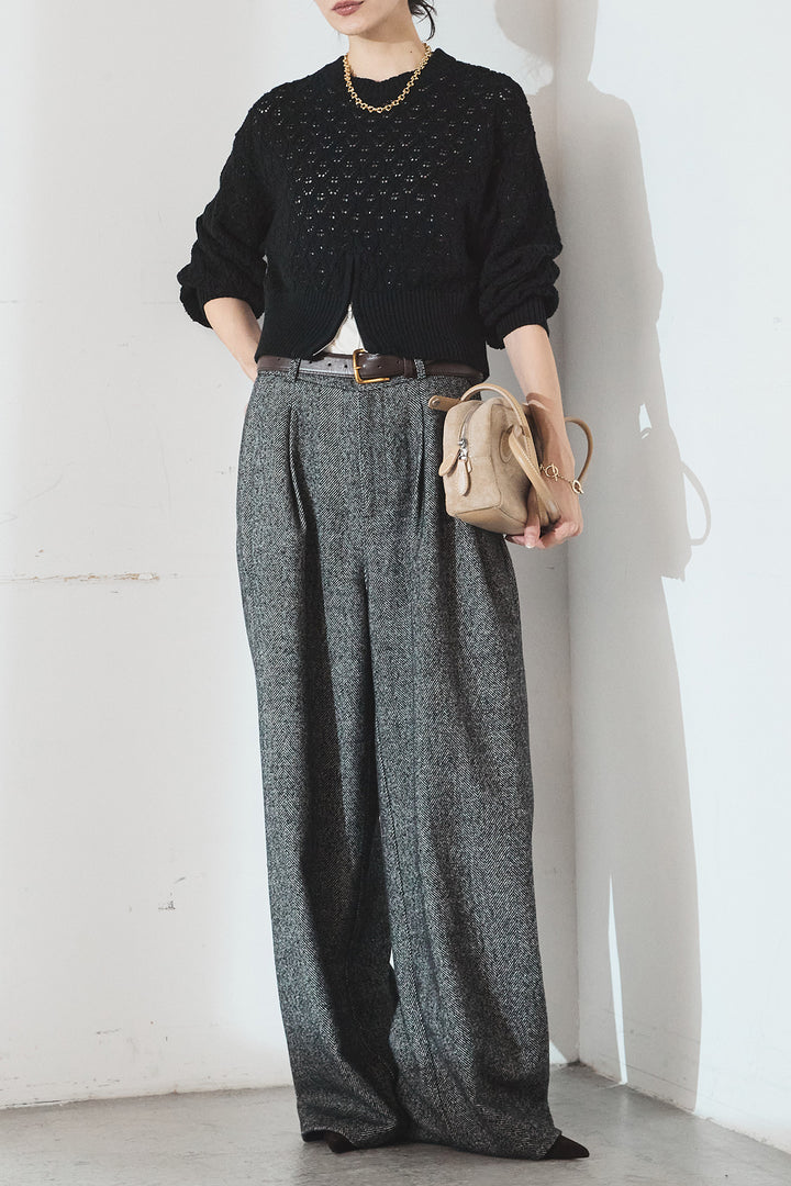 [SET]透かし編みニットジップスリットプルオーバー+タックツイードワイドパンツ(2set)