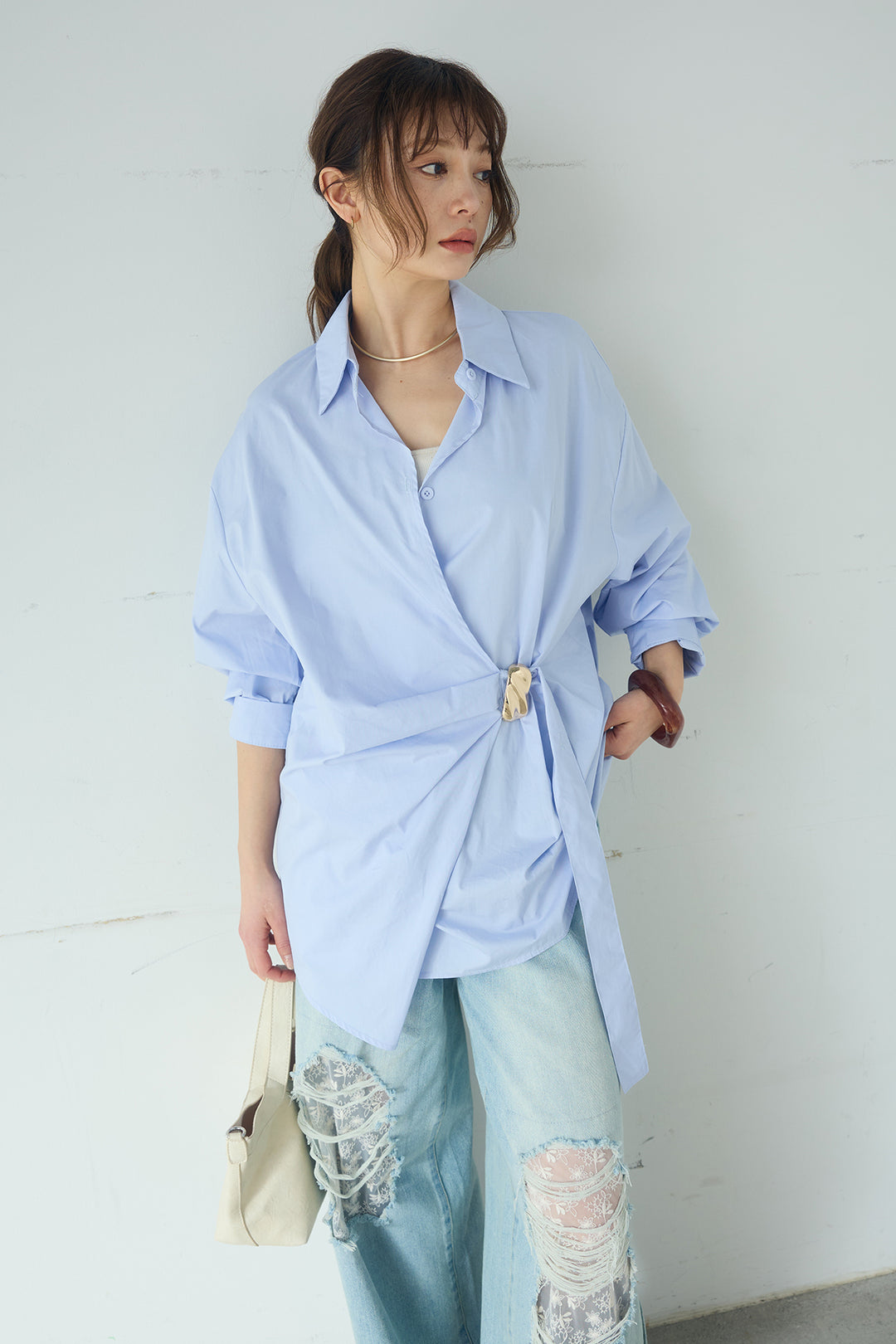 [SET]サイド留め具デザインシャツ+デニムレース付きワイドパンツ(2set)