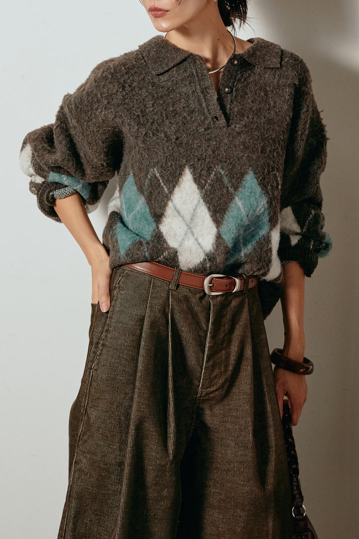 [SET]アーガイル柄ポロニットトップス+フロントタック入りコーデュロイパンツ(2set)