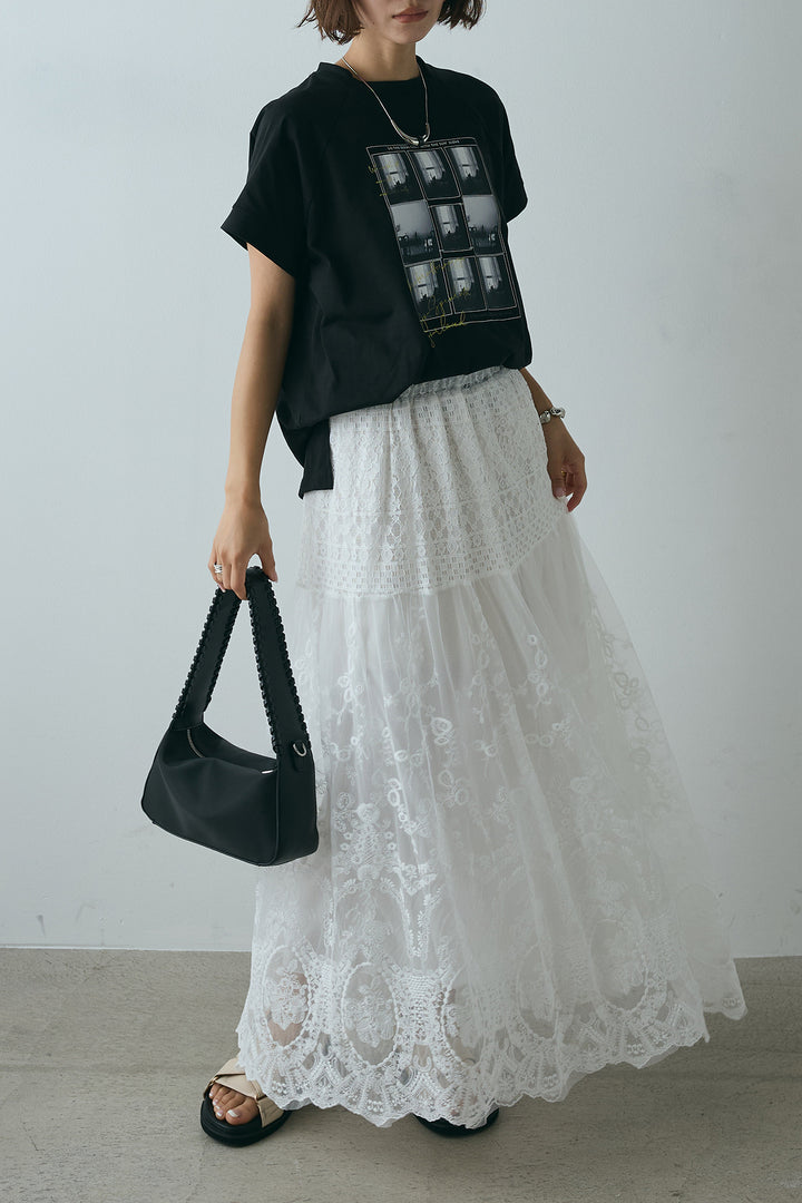 [SET]フォトプリントラグランTシャツ+ミックスレース刺繍スカート(2set)