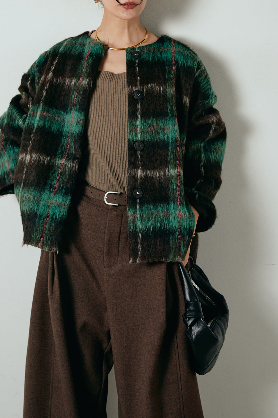 [SET]ノーカラーシャギーチェックアウター+ポーチベルト付きカーブパンツ(2set)