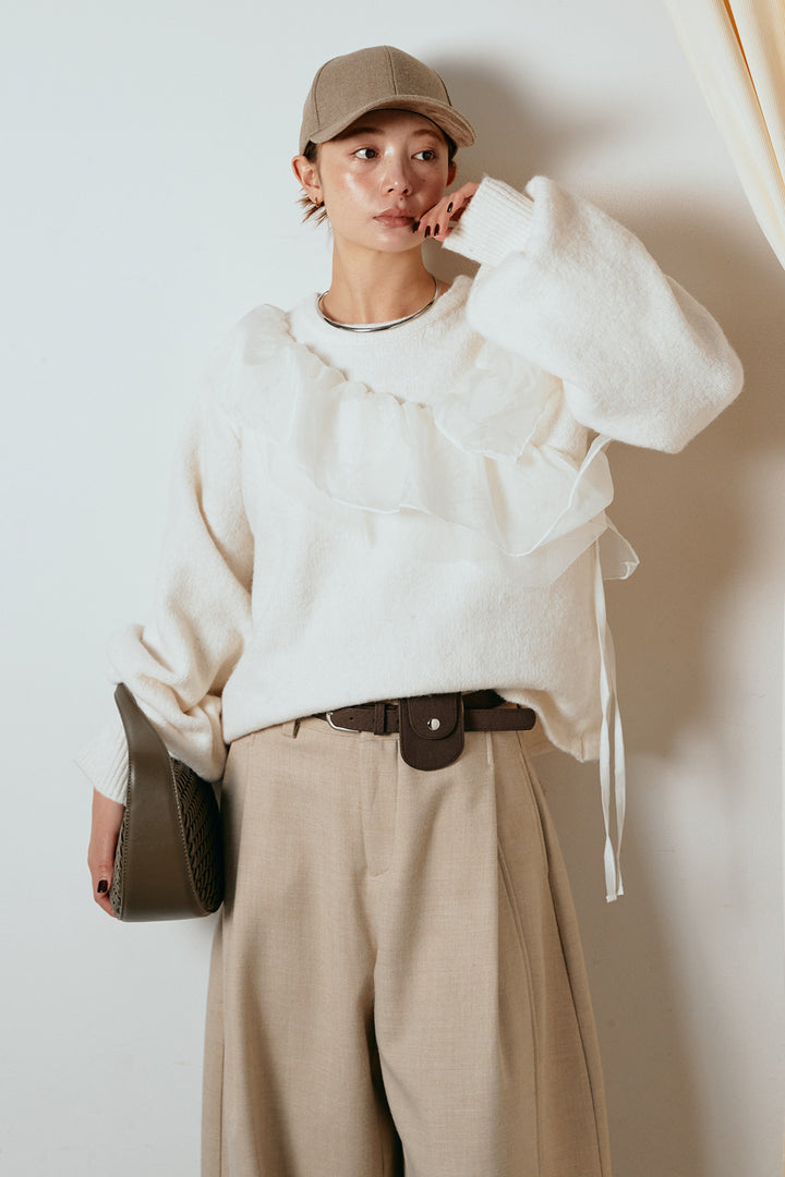 [SET]アシンメトリーフリルニットトップス+ポーチベルト付きカーブパンツ(2set)