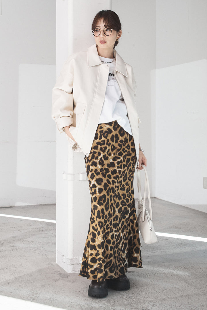 [SET]レザーライクオーバーサイズブルゾン+レオパードサテンナロースカート(2set)