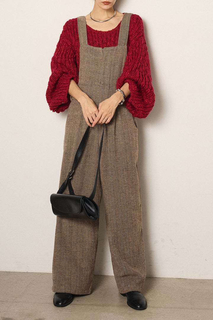 [SET]チャンキースラブニットクロップドプルオーバー+クラシックヘリンボーンサロペット(2set)