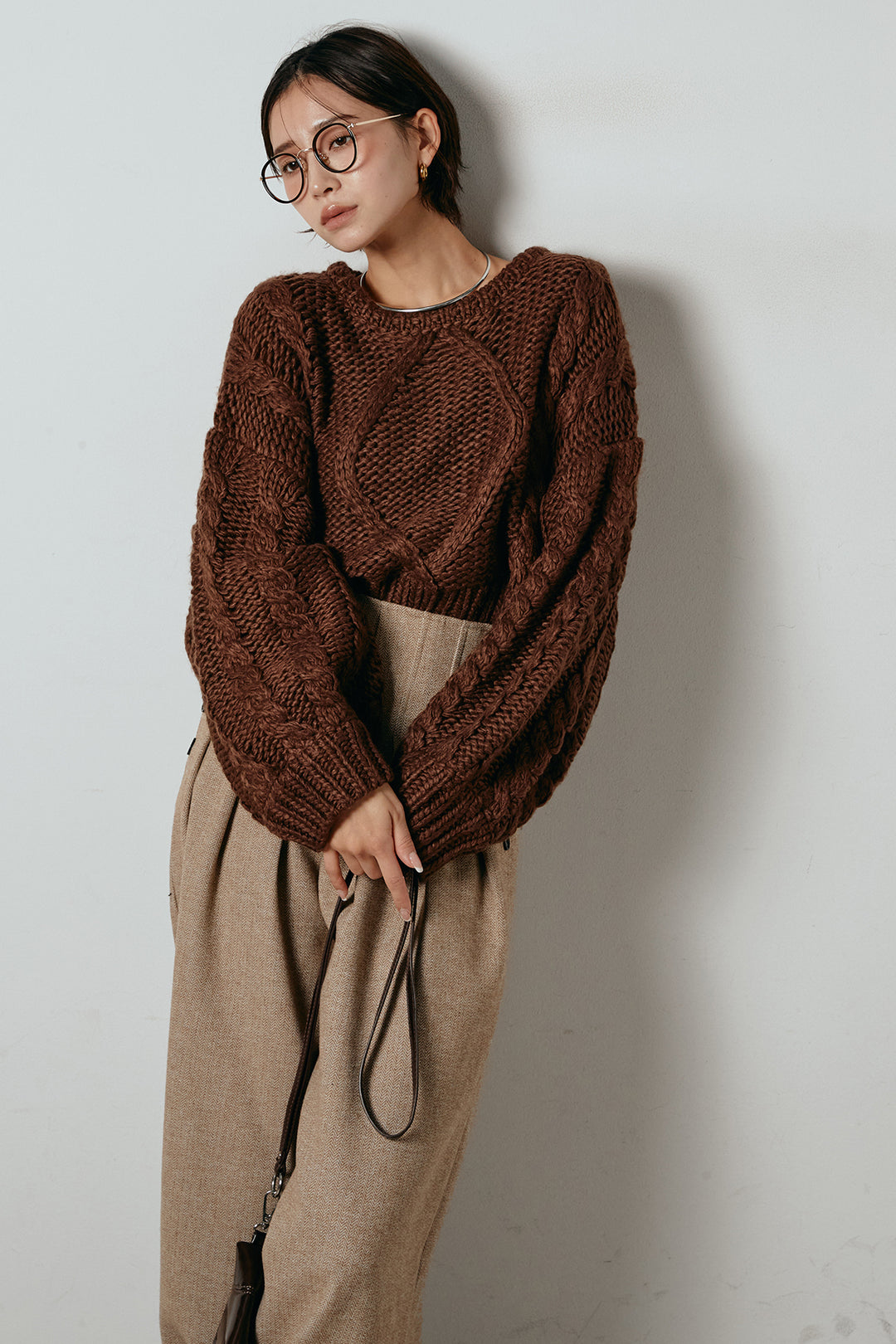 [SET]ロービングケーブルショート丈プルオーバー+サイドボタンツイードタックパンツ(2set)