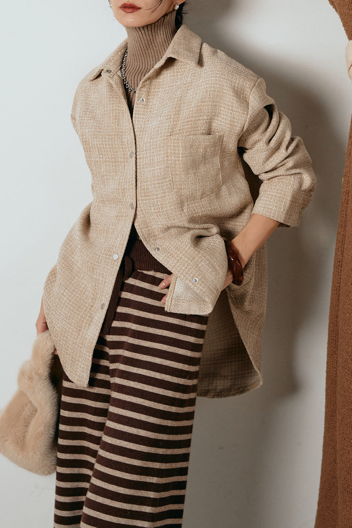 [SET]ルーズクラッシュツイルシャツ+リブニットシームレスタートルプルオーバー+ボーダーリラックスニットパンツ(3set)