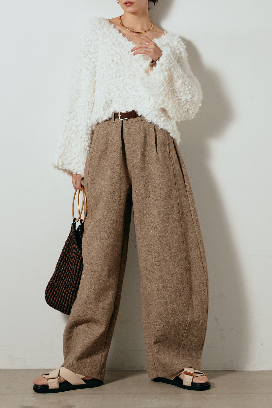 [SET]深Vネックチョウチョヤーンニットトップス+ベルト付きネップツイードカーブパンツ(2set)