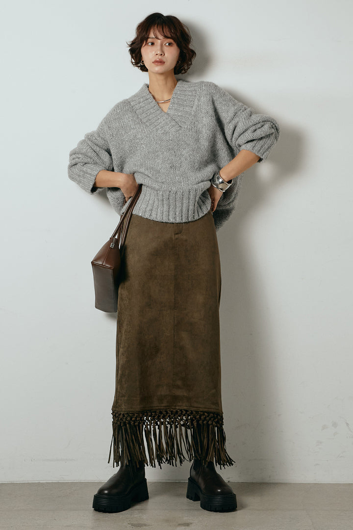 [SET]Vネックラメニットトップス+スウェードライク裾フリンジスカート(2set)