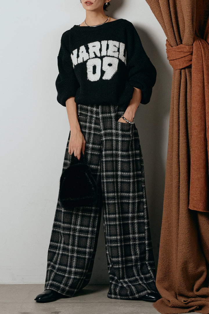 [SET]ロゴジャガードニットトップス+ルーズタータンチェックワイドパンツ(2set)