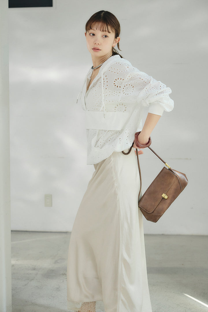 [SET]レースハーフジップアップフーディー+バイアスナローサテンスカート(2set)