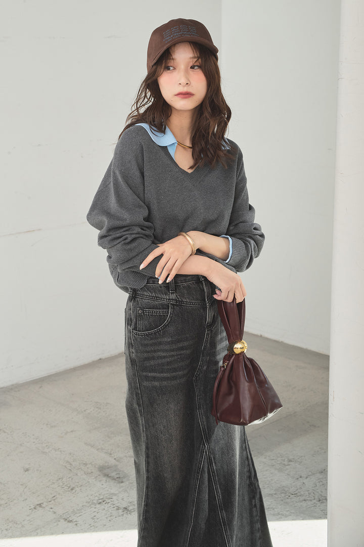 [SET]バイカラーニットレイヤード風プルオーバー+Aラインデニムスカート(2set)