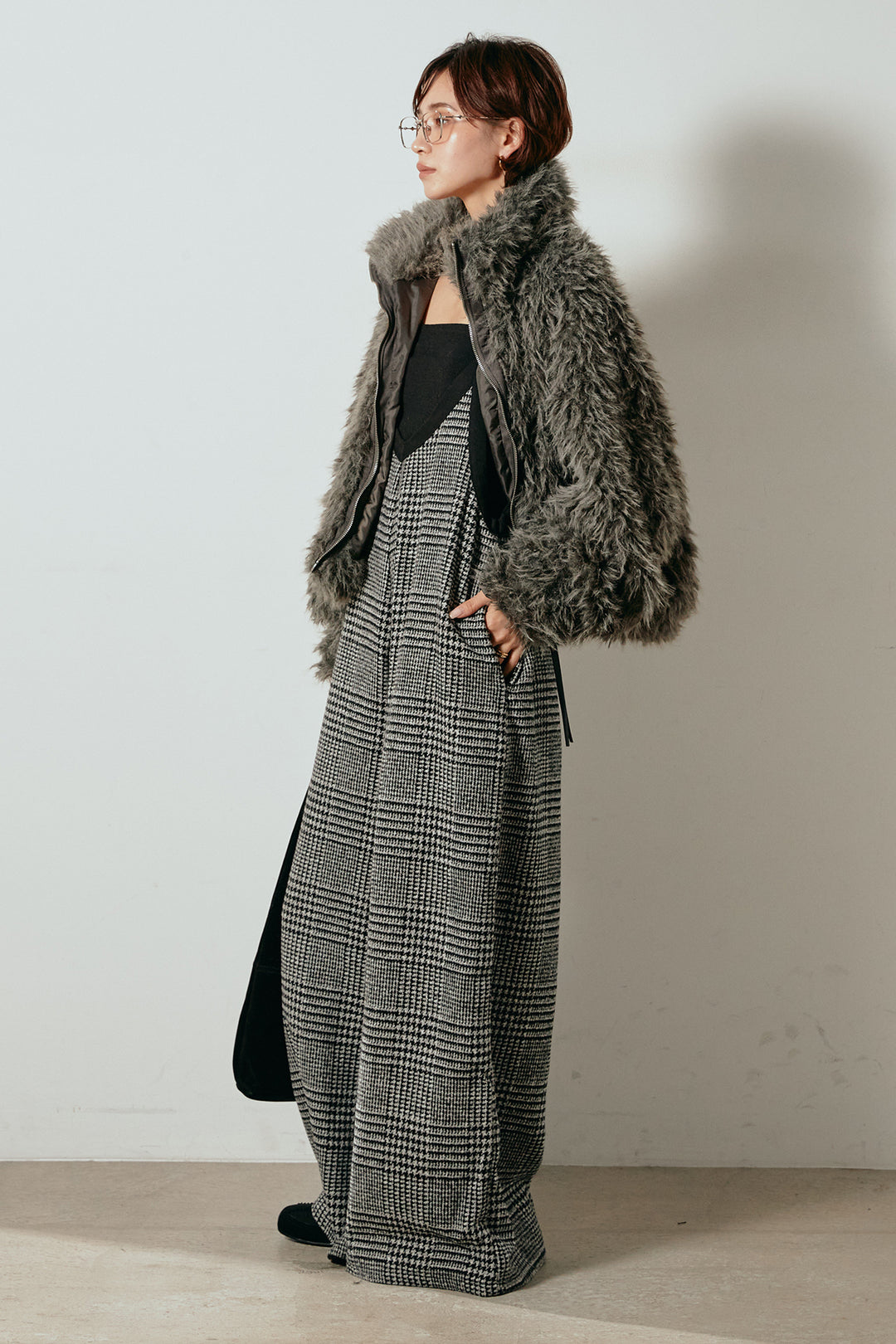 [SET]ミックスシープファースタンドブルゾン+前後2wayグレンチェック柄スカーチョサロペット(2set)