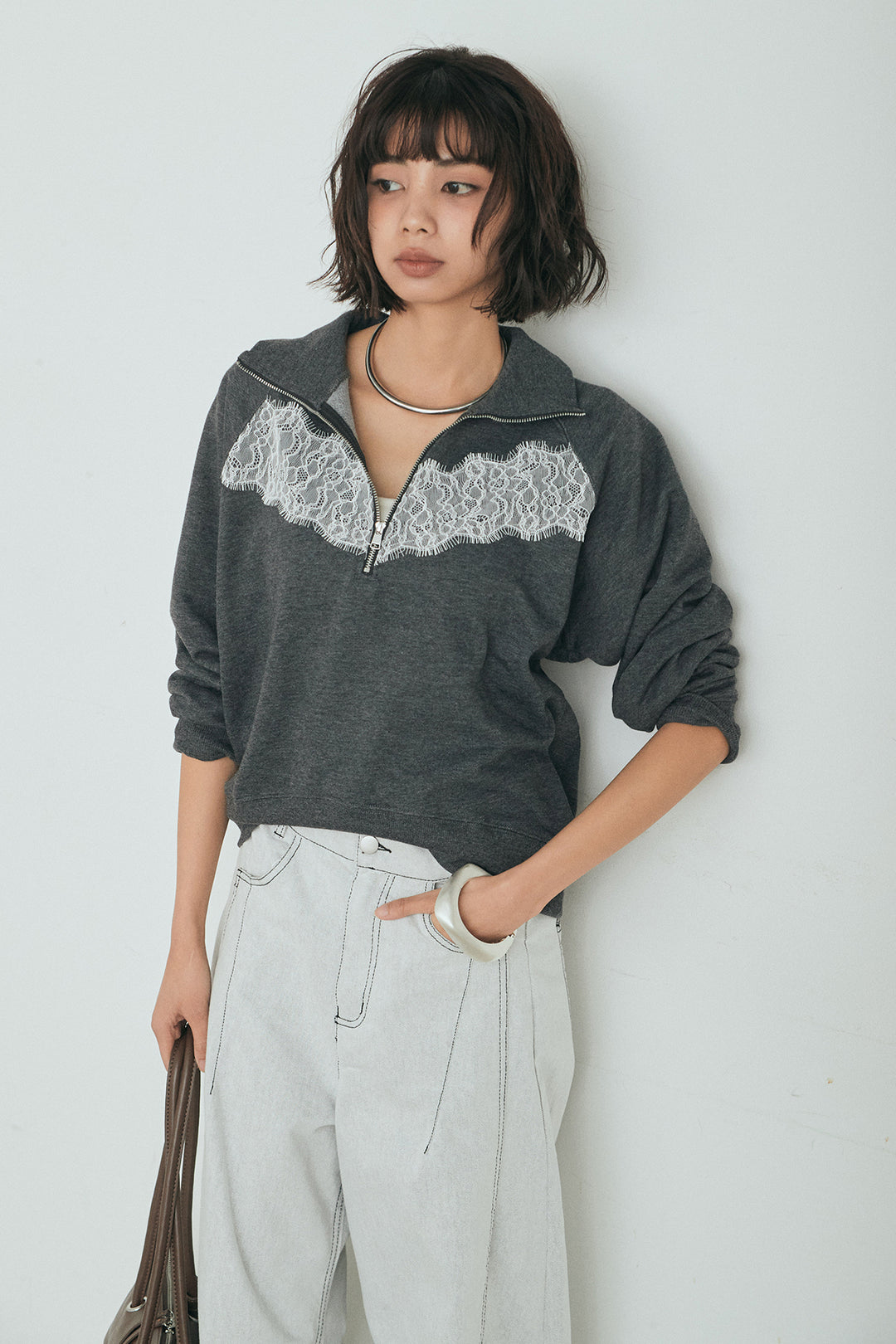 [SET]リバーレースハーフジップ裏毛スウェット+ツイル配色ステッチバレルパンツ(2set)