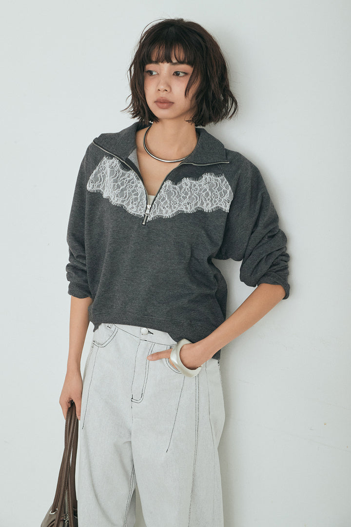 [SET]リバーレースハーフジップ裏毛スウェット+ツイル配色ステッチバレルパンツ(2set)