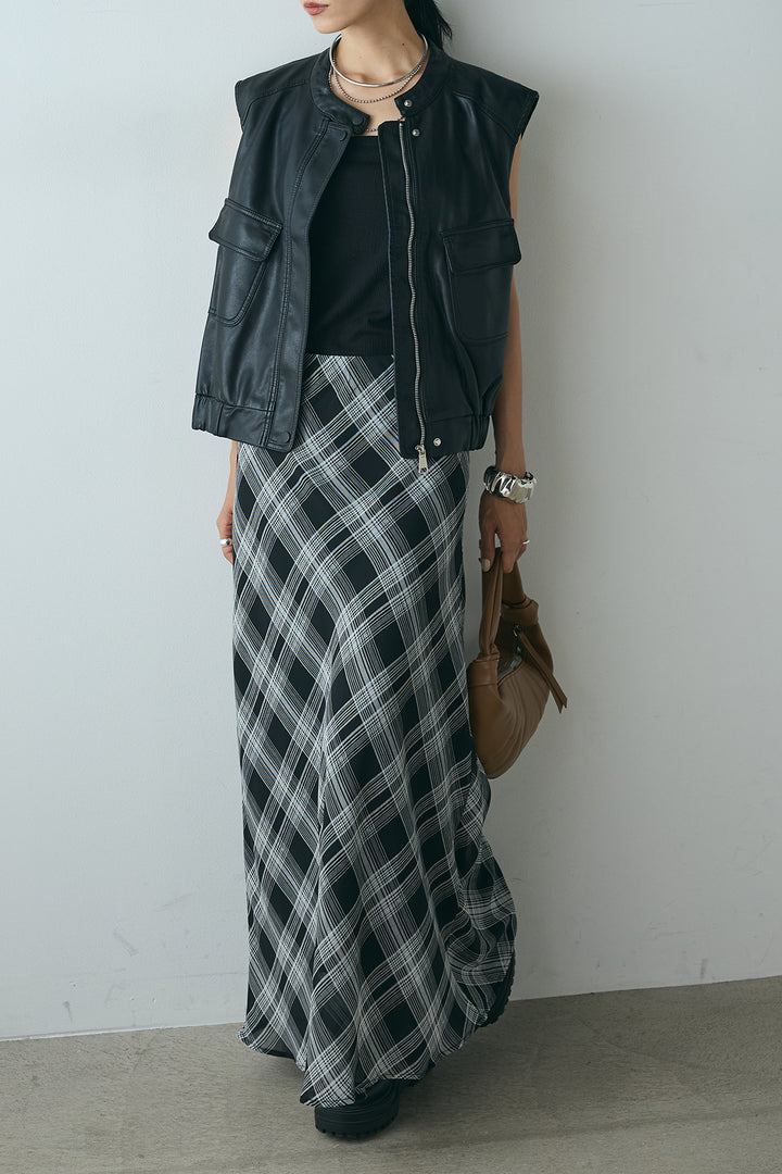[SET]バンドカラーフェイクレザーベスト+マルチ柄シアースカート(2set)