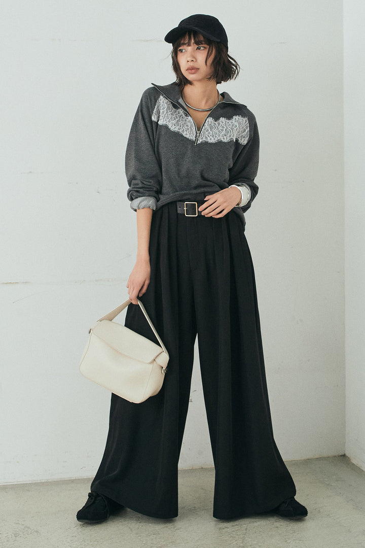 [SET]リバーレースハーフジップ裏毛スウェット+ベルト付きタックデザインハイウエストロングパンツ(2set)