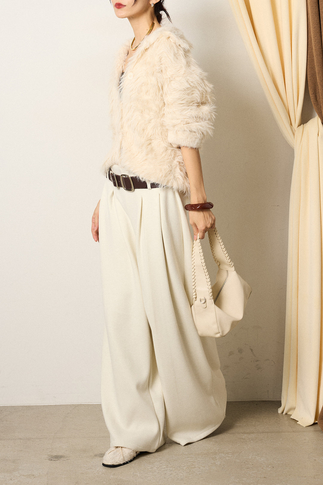 [SET]襟付きシャギーニットカーディガン+フェイクレザー太ベルト付きタックワイドパンツ(2set)